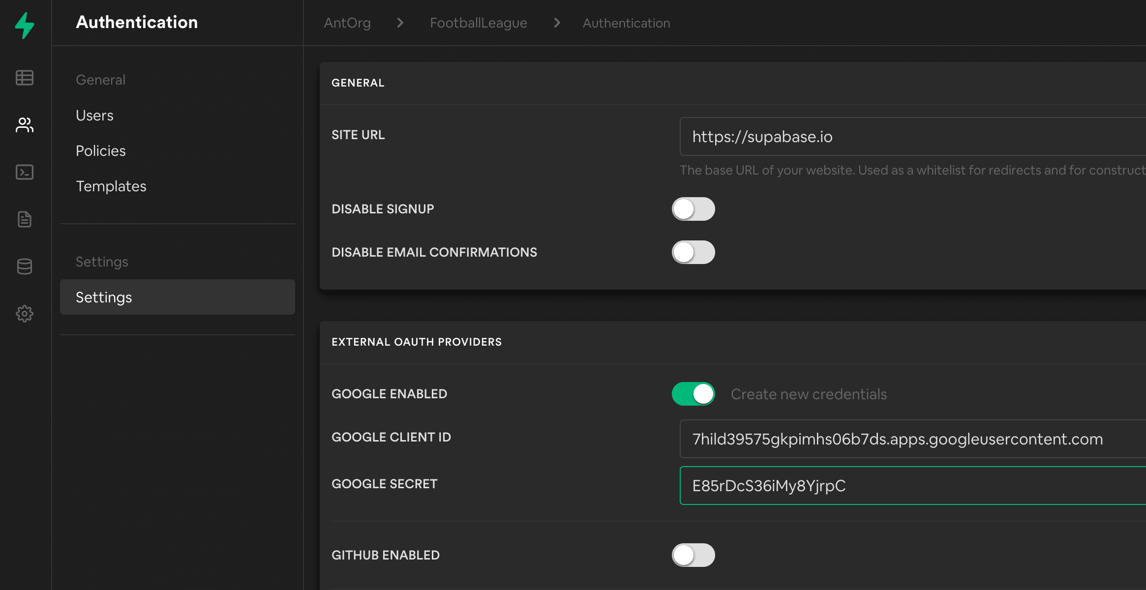 insert client id and secret into Supabase dashboard in auth > auth